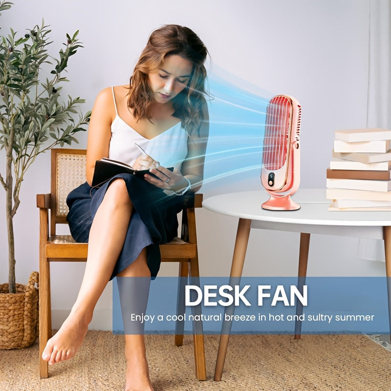 Compact and stylish USB desk fan in Blue & Copper color scheme features 5-speed adjustment and LED display. This sleek fan is perfect for home and office use, providing cooling for bedrooms and desks. Equipped with a rechargeable 1200mAh battery, it is