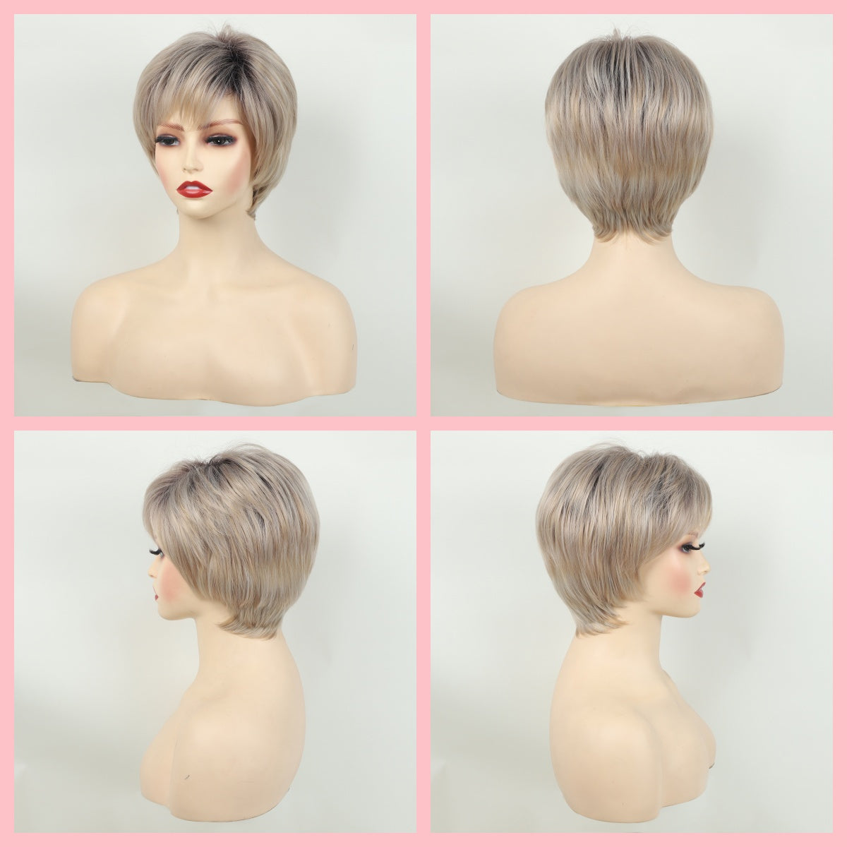 Stylish short pixie cut wig for women with loose wave style, side bangs, and rose net cap. Made of high temperature fiber, suitable for daily and party use.