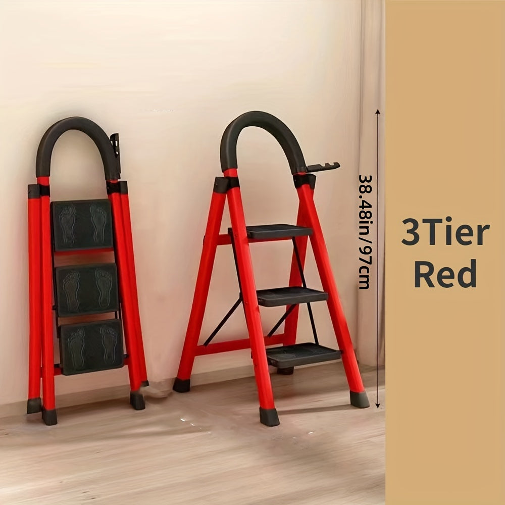 Folding step stool with 2-6 tiers, non-slip pedals, lightweight and waterproof. Ideal for kitchens, homes, libraries and offices. Made of durable steel in red with utility hooks.