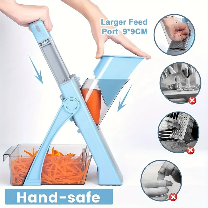 Vegetable slicer with stainless steel blades, ABS food chopper and dicer, large capacity mandoline cutter for fruits and vegetables, no electricity required.