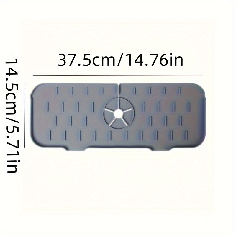 Waterproof and easy-to-clean silicone mat designed to catch faucet water, with drainage system and non-electric absorbent properties. Ideal as a sink splash guard and kitchen counter protector pad.