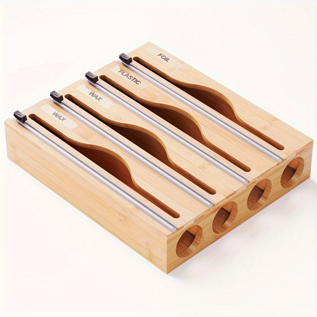 Bamboo Kitchen Wrap Organizer - Eco-Friendly Storage Box for Plastic Wrap, Aluminum Foil, Wax Paper - Manual Cutter, Non-Electric, Food-Safe