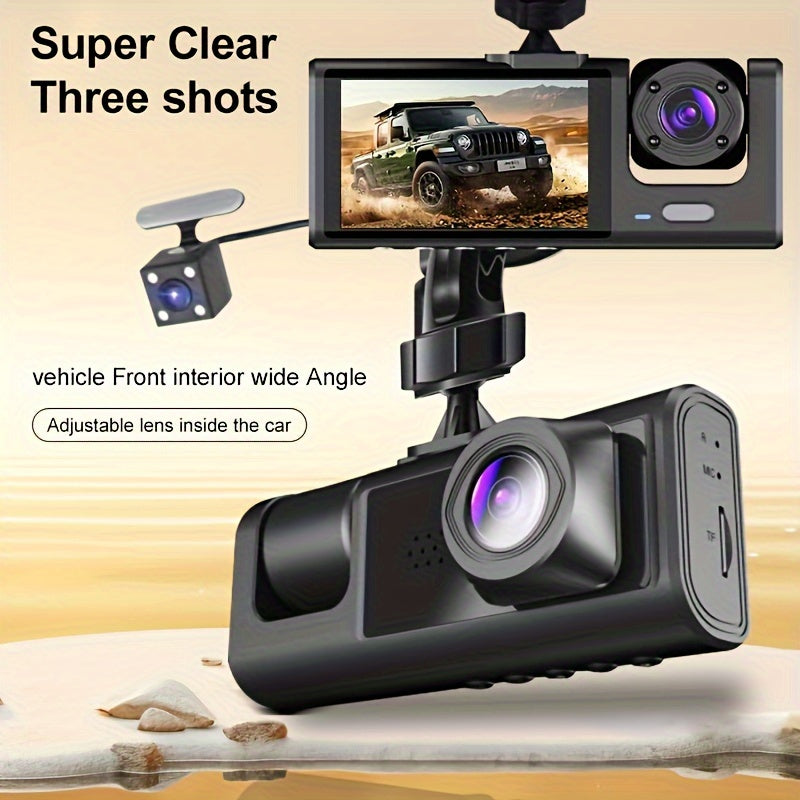 1 set of 3-channel front and rear car camera with 1080P resolution, IR night vision, cycle recording, 5.08 cm IPS screen, and wide-angle lenses for simultaneous recording of a black box.