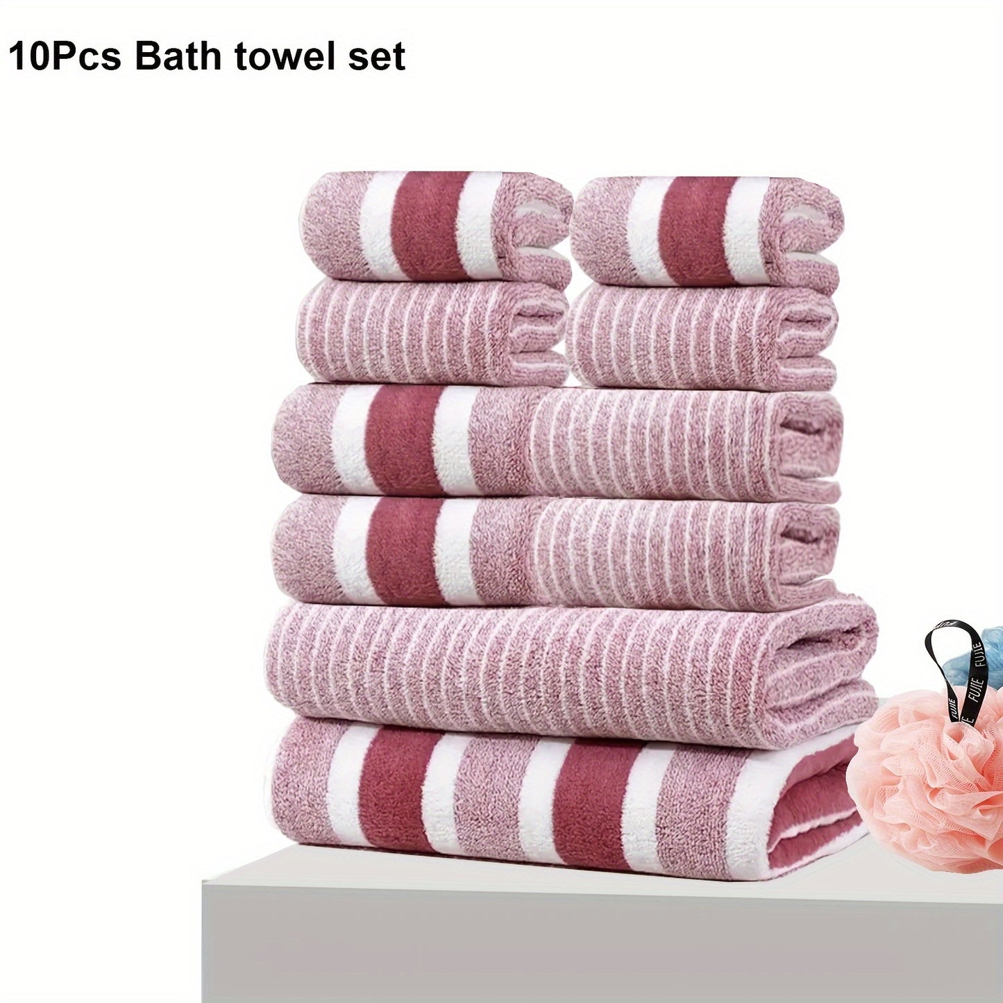 10-piece striped microfiber towel set includes 2 bath towels, 4 hand towels, and 4 washcloths. Perfect for home, hotel, and spa use due to their quick-dry and absorbent qualities.