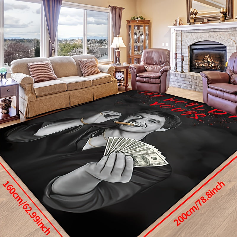 Machine washable polyester area rug featuring a dark gray 'The World is Yours' motif. This non-slip rectangular floor mat is perfect for indoor use in rooms such as the hallway, living room, bedroom, entryway, patio, or garden. Available in multiple