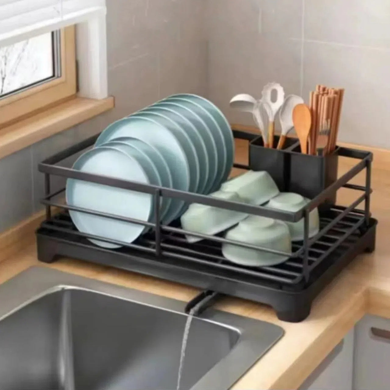 Compact Black PP Dish Rack with Drain Hole for Sink - Resistant to Moisture, Simple to Maintain, Versatile Organizer for Plates, Utensils & More, Includes Utensil Holder| Sleek Kitchenware|Practical Kitchen Essential, Dish Drainer Rack