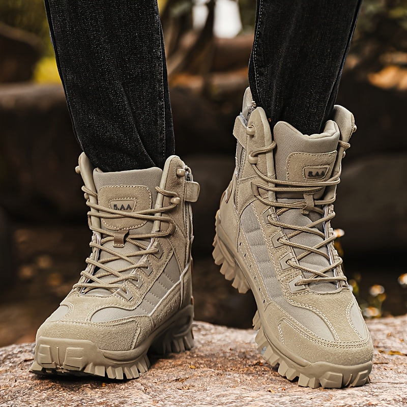 Durable men's khaki hiking boots with side zipper, non-slip sole, mesh lining for outdoor adventures.