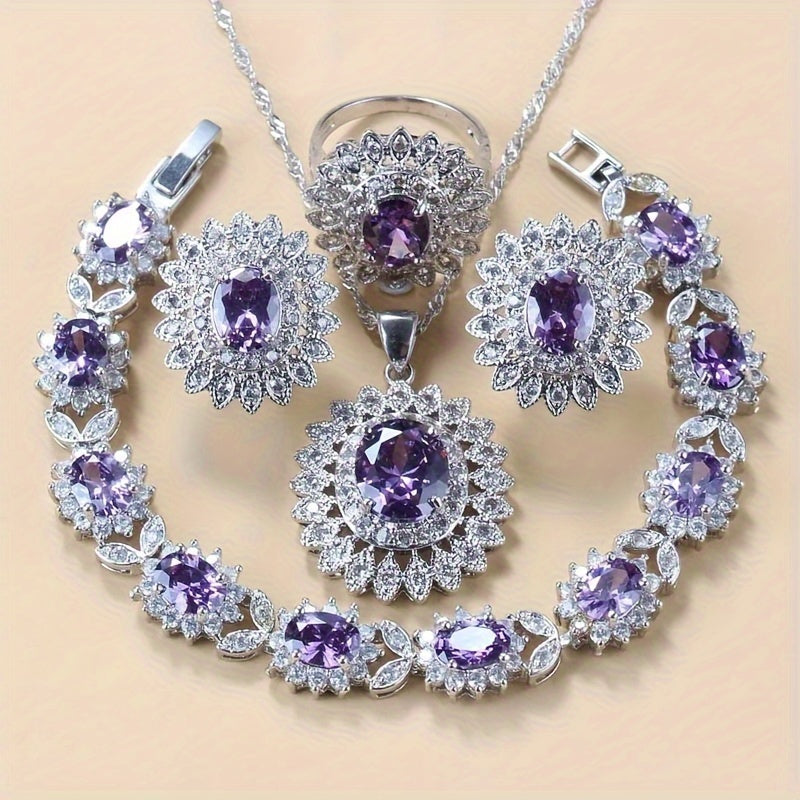 Beautiful Sunflower Jewelry Set for Women - Includes Cubic Zirconia Earrings, Ring, Necklace, and Bracelet - Silver Plated, Ideal for Weddings and Vacations