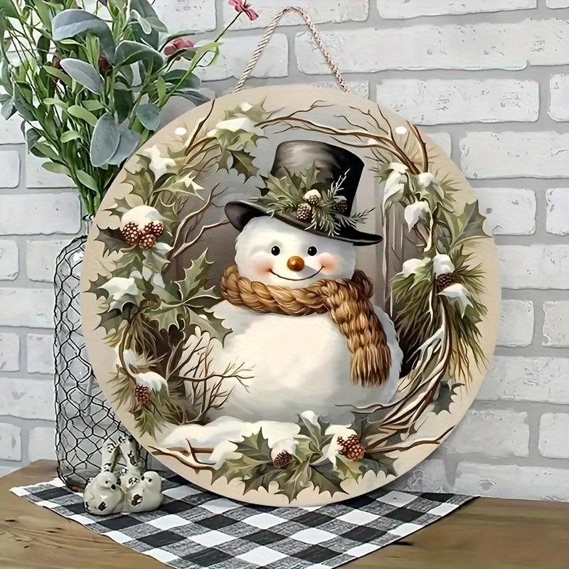 Charming snowman wreath wooden sign with top hat and scarf - perfect for Christmas and all-season home decor. Ideal gift for friends and colleagues. Adds wintery charm to any space.