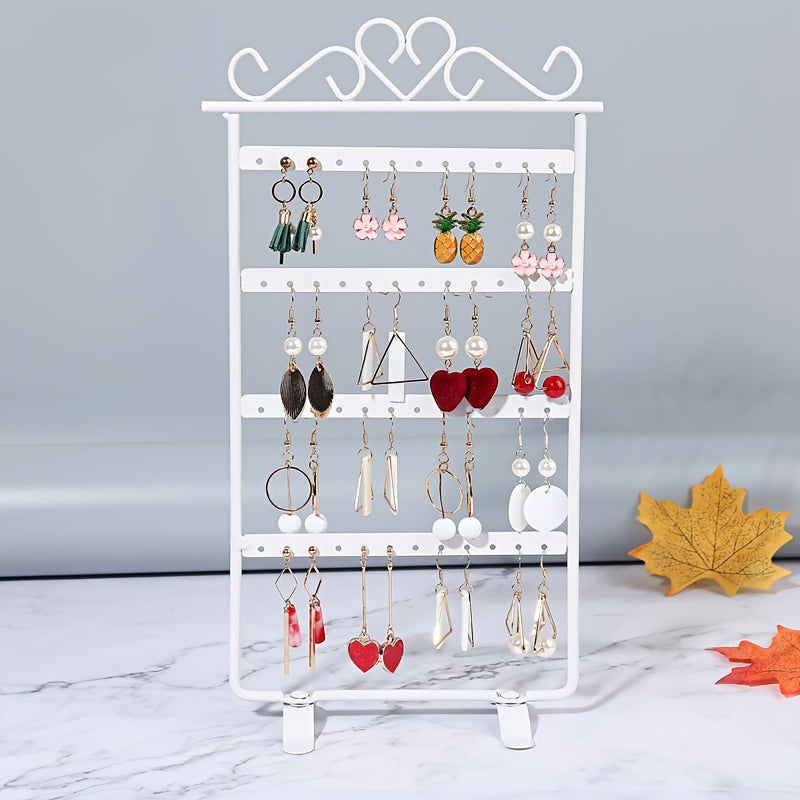 Metal earring stand with 48 slots for earrings and accessories, powder-coated for durability. Can be used as a desktop organizer or jewelry tower.