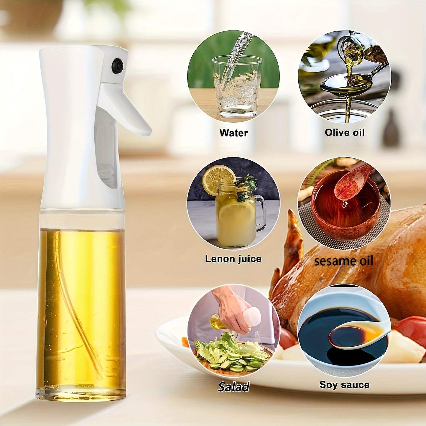 Baking Oil Spray Bottle for Cooking, 1pc, 200ML/300ML PET Material, Air Fryer Spray Bottle, Kitchen Baking Supplies, Canola Oil Sprayer, Salad Making, Baking, Frying, Grilling, Greenery, Salon, Hairdressing, White/Black