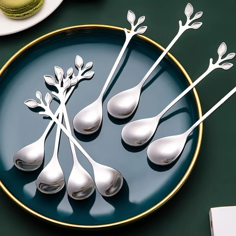 Set of 8 stainless steel coffee spoons with branch design, perfect for stirring dessert and ice cream. Durable, dishwasher safe, and restaurant-grade.