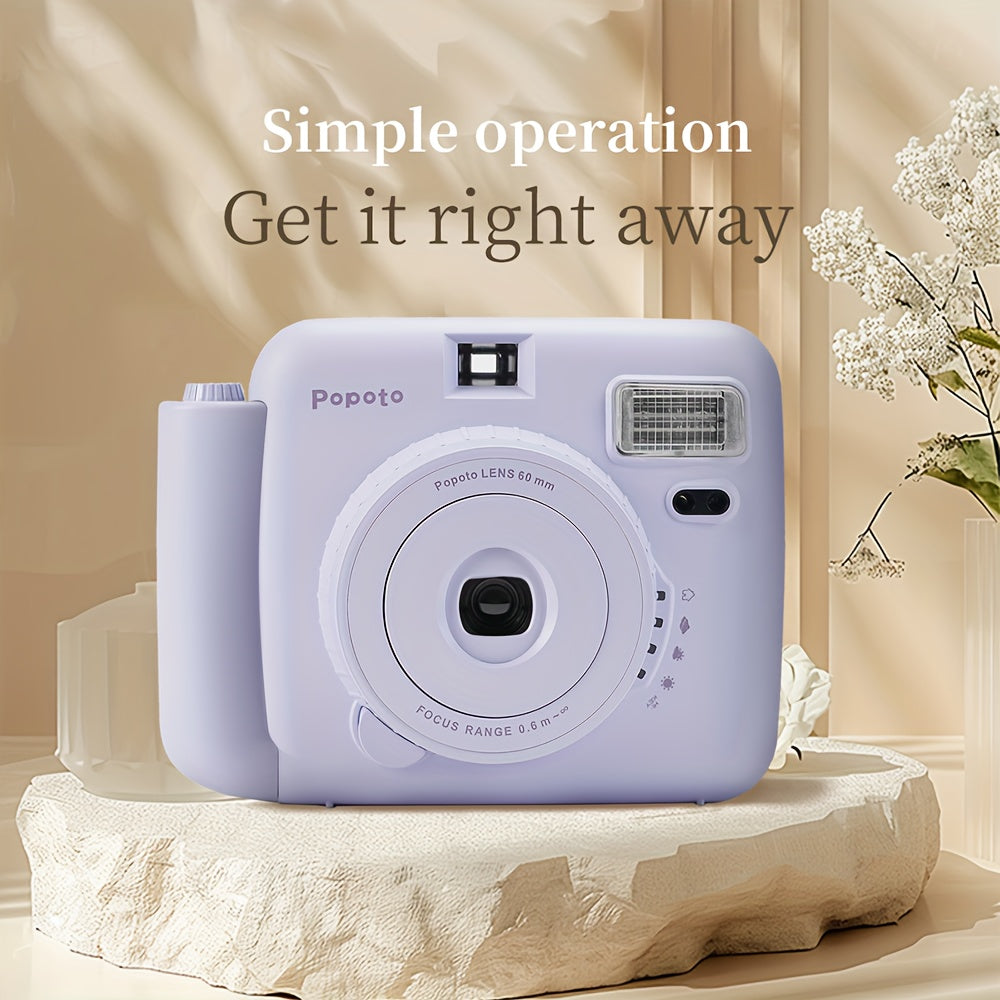 Popoto Purple Instant Camera Combo includes Mini11/12, 10 Film Sheets, PU Case, Strap, Selfie Lens, ND Filter - ideal for gifts, parties, weddings. AA batteries not included.