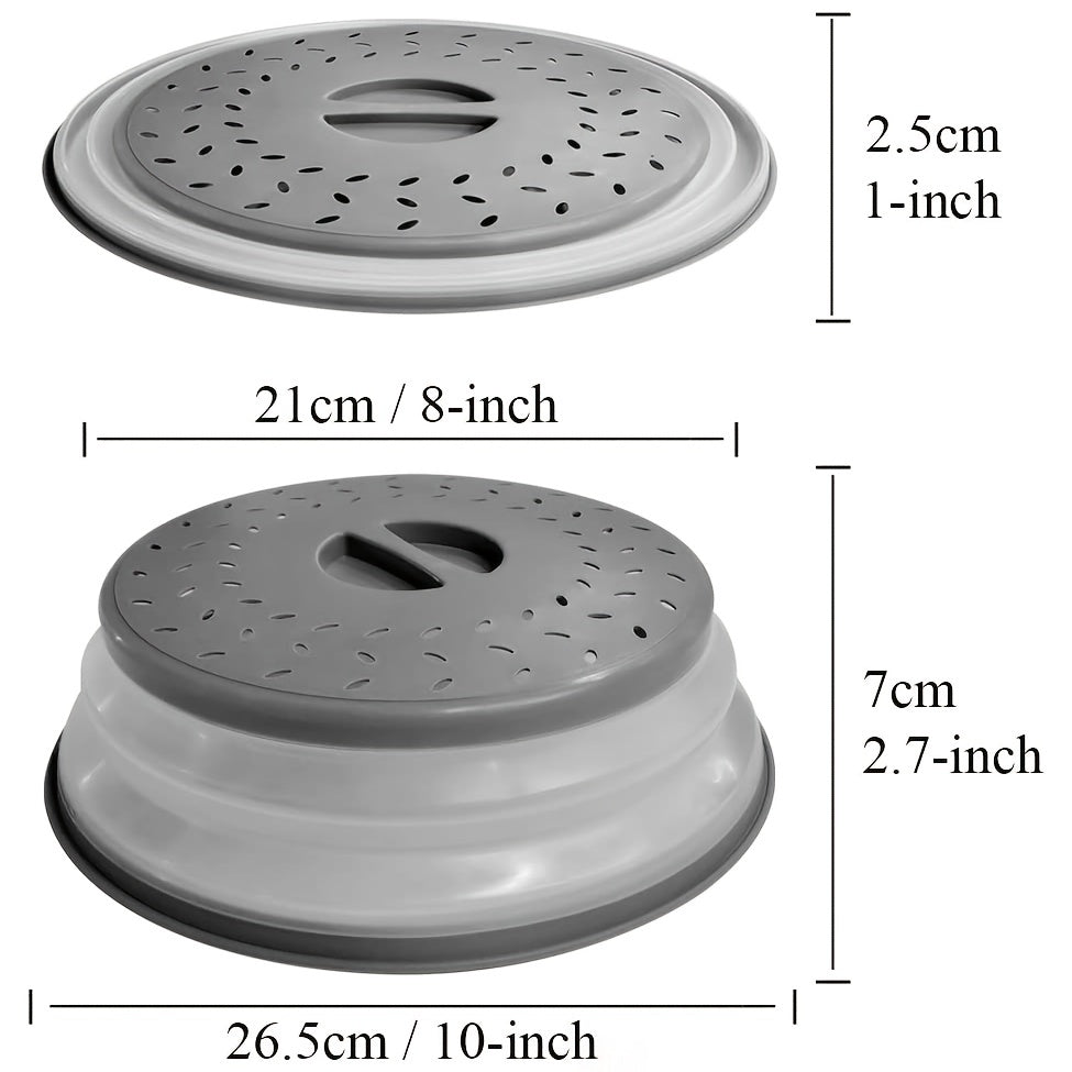 Grey BPA-Free TPR Microwave Splatter Guard with Handle - Round Food Cover with Steam Vents & Filter for Fruits, 26.67cm, Essential Kitchen Accessory