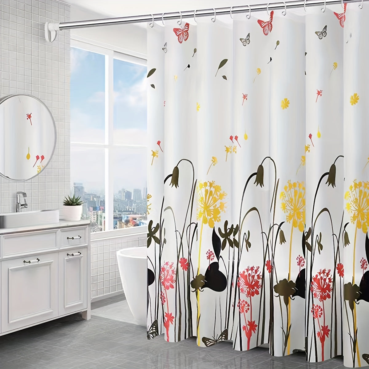 Dandelion pattern shower curtain with waterproof PEVA material, anti-rust buttonholes, and decorative design for bathroom.