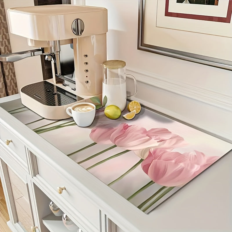 1 piece of Floral Printed Dish Drying Pad, Absorbent Mat for Countertops, Drain Pad for Washstand, Soft Mat for Faucets, Cup Mat for Washstand, Kitchen and Bathroom Accessories.