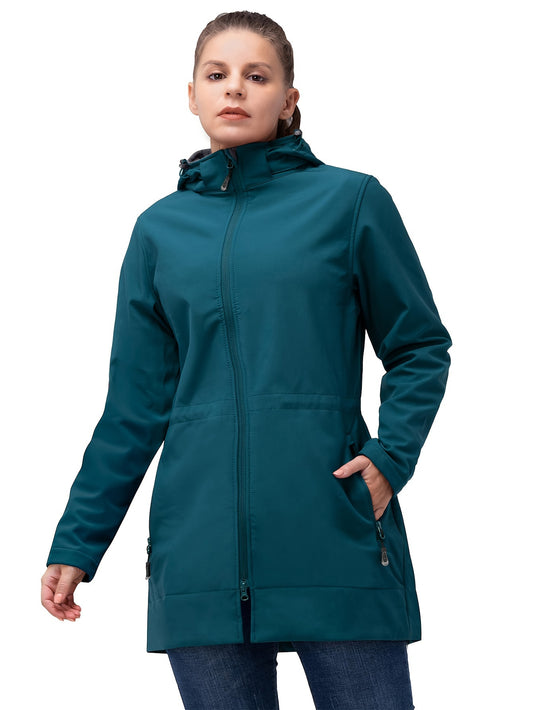 Women's waterproof softshell jacket with hood, fleece lined, windproof, solid color, regular sleeve, polyester/spandex blend, zipper detail, for fall/winter.