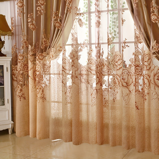 This sheer curtain features a delicate flower pattern on a single layer of translucent material, giving it a pastoral style. It is rod pocketed and does not come with a cloth lining, making it suitable for adding a touch of elegance to your living room