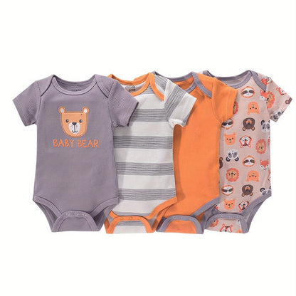 4-piece set of newborn short sleeve one-piece suits with alphabet print and embroidery. Suitable for babies aged 0-9 months.