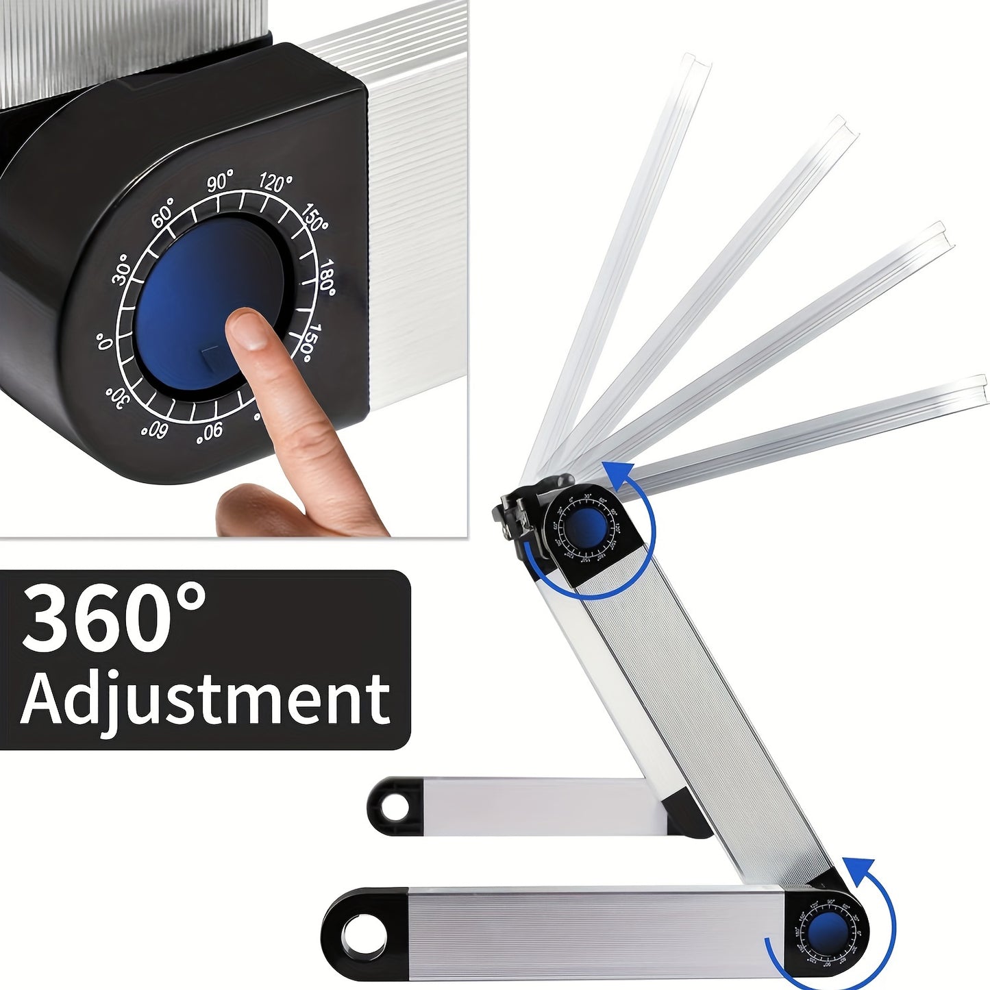 Adjustable and lightweight aluminum book stand with 2 flexible paper clips for tablets, magazines, and documents.