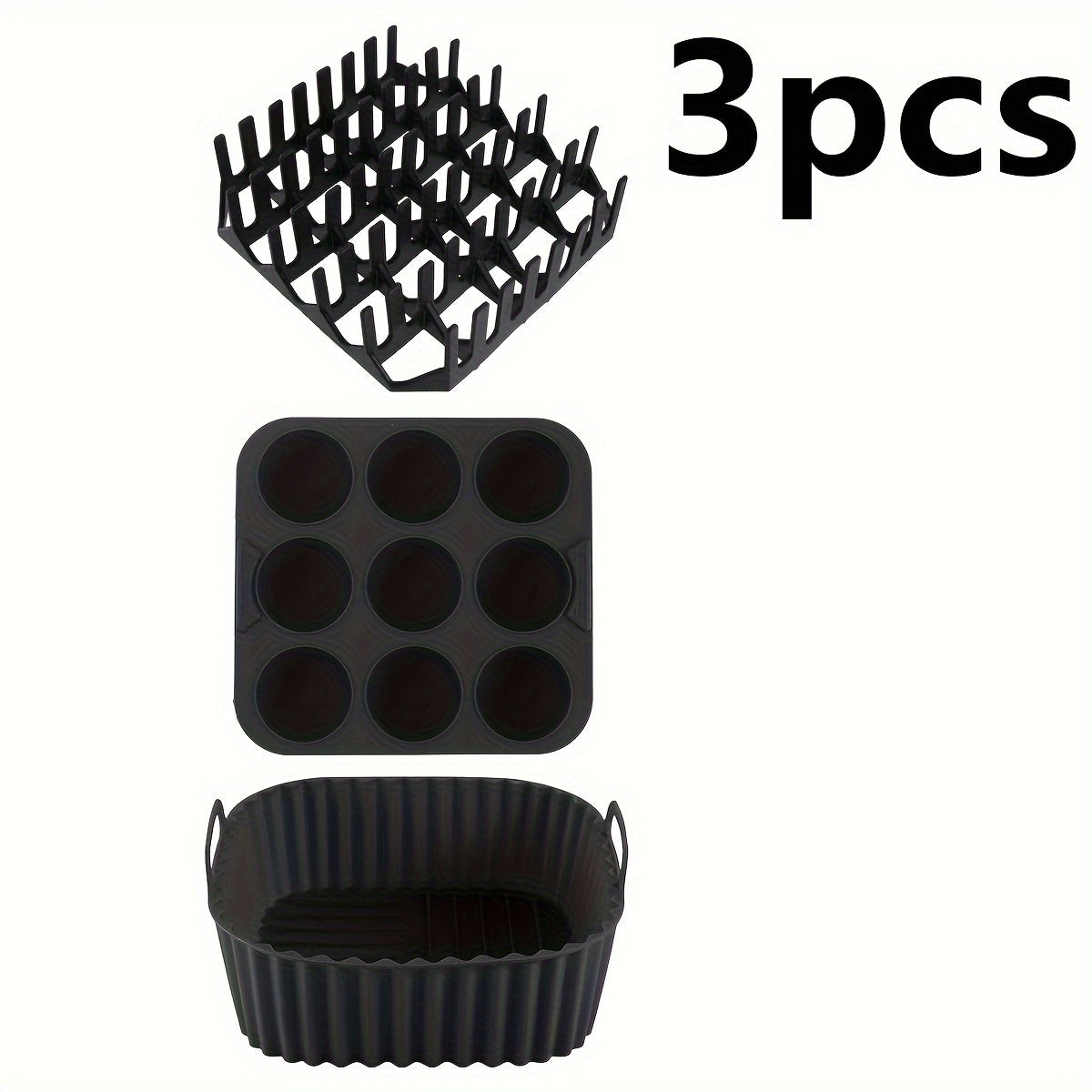 1 set of square silicone air fryer accessories, including a 19.0 cm bacon & hot dog rack, a 9 cavity cake mold, and an air fryer liner. These accessories are BPA-free, dishwasher safe, and compatible with 7QT+ air fryers in black color.