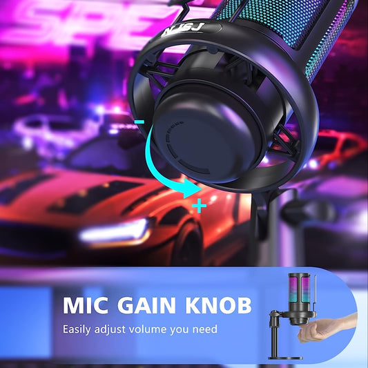 NJSJ USB Microphone with RGB lighting for PC, PS4/PS5, Mac, and phone, perfect for streaming and podcasting.