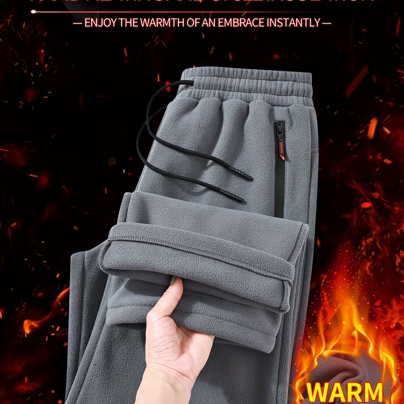 Men's gray fleece joggers with waterproof side pockets, ideal for outdoor sports and casual wear in winter. Features rapid heating and cycle insulation, flexible fabric, and functional