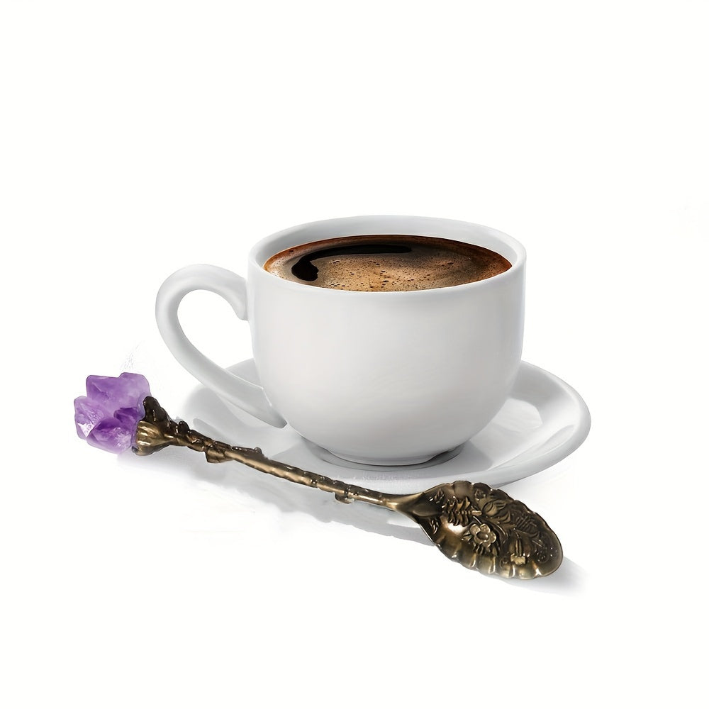 Set of four natural amethyst spoons featuring a tooth flower pattern and embossed design. Perfect for serving ice cream, desserts, stirring soup, cutting cake, and stirring coffee.