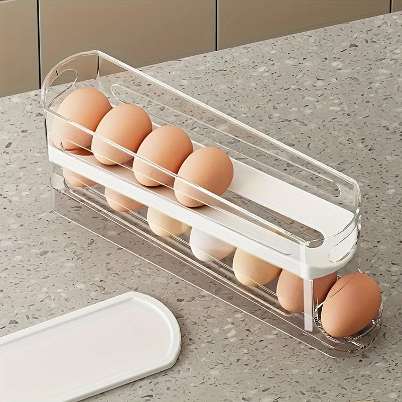 Introducing a convenient Double-Layer Transparent Automatic Rolling Egg Holder, perfect for the side door of your refrigerator. This innovative design makes accessing eggs a breeze, while also freeing up valuable space in your fridge. Versatile enough to