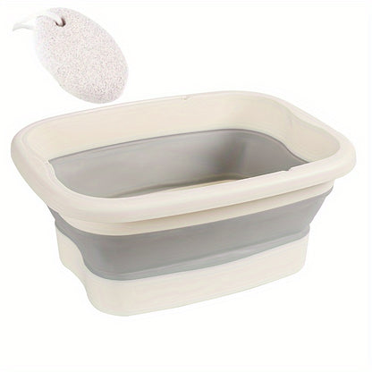 Portable folding foot soak bath tub with lid for deep immersion foot massage. Durable home spa accessory with unscented basin and non-electric manual massage surface. Includes foot file and