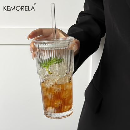 KEMORELA Large Capacity Vertical Striped Glass Cups, with or without lid, for cold drinks, juice, coffee, and water.