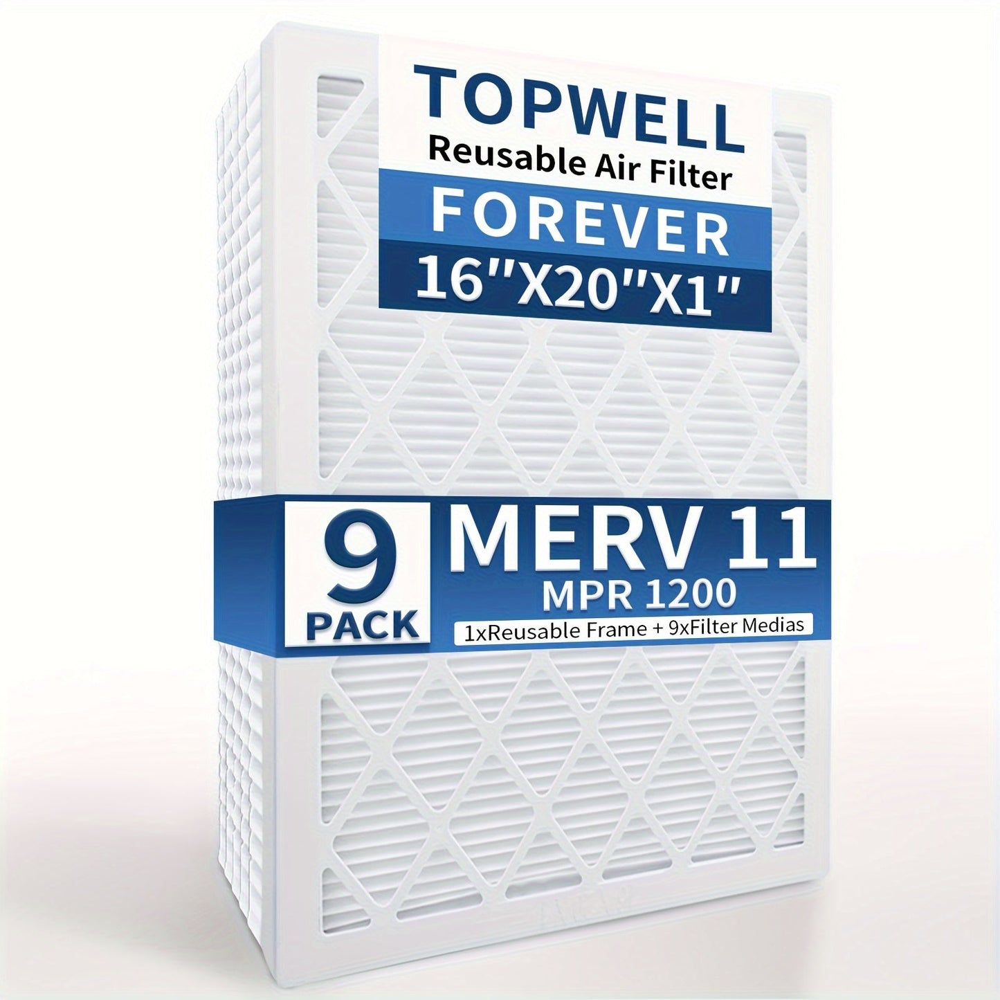 Приобретите TopWell&#39;s 16x20x1 Reusable Air Filter 9-Pack, включая MERV 11 MPR 1200 для фильтров AC/HVAC Furnace. Каждая упаковка включает 1 многоразовую пластиковую рамку и 9 сменных фильтров.