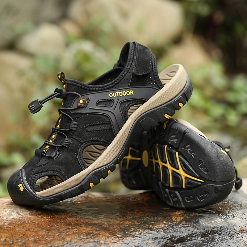 Breathable hiking shoes for men with non-slip rubber sole, durable fabric upper, and elastic band closure for outdoor activities.