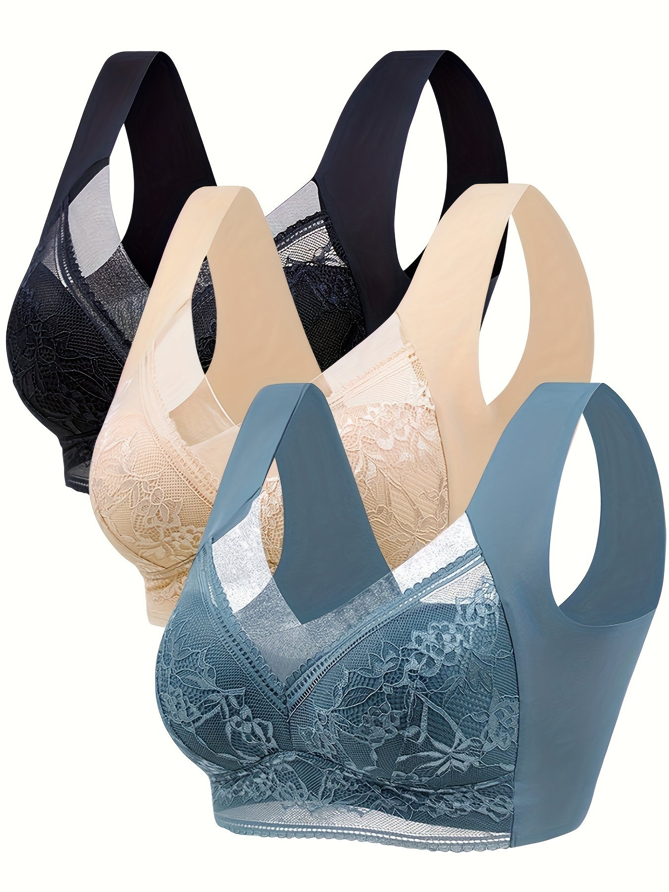 Set of 3 beautiful lace-wrapped wireless bras with fixed cups for breast support and seamless vest style.