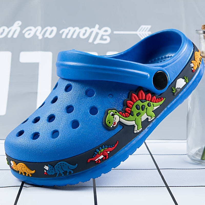 Children's blue dinosaur clogs: breathable, non-slip sandals with charms for indoor/outdoor use.