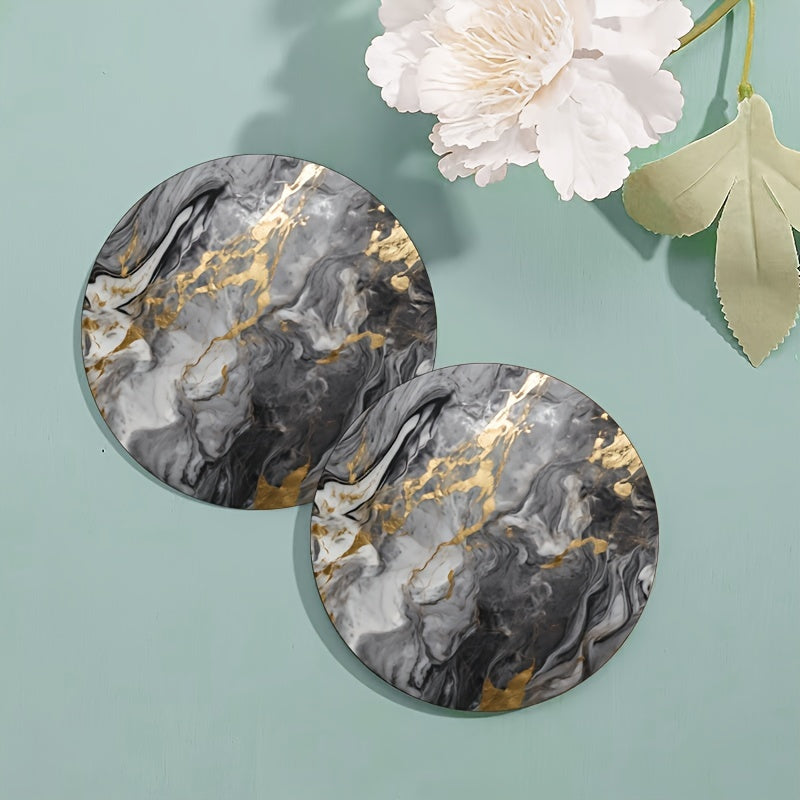 6 golden grey marbled coasters with rubber and non-slip backing, perfect for drinks and decor in your home or kitchen. Great housewarming gift.