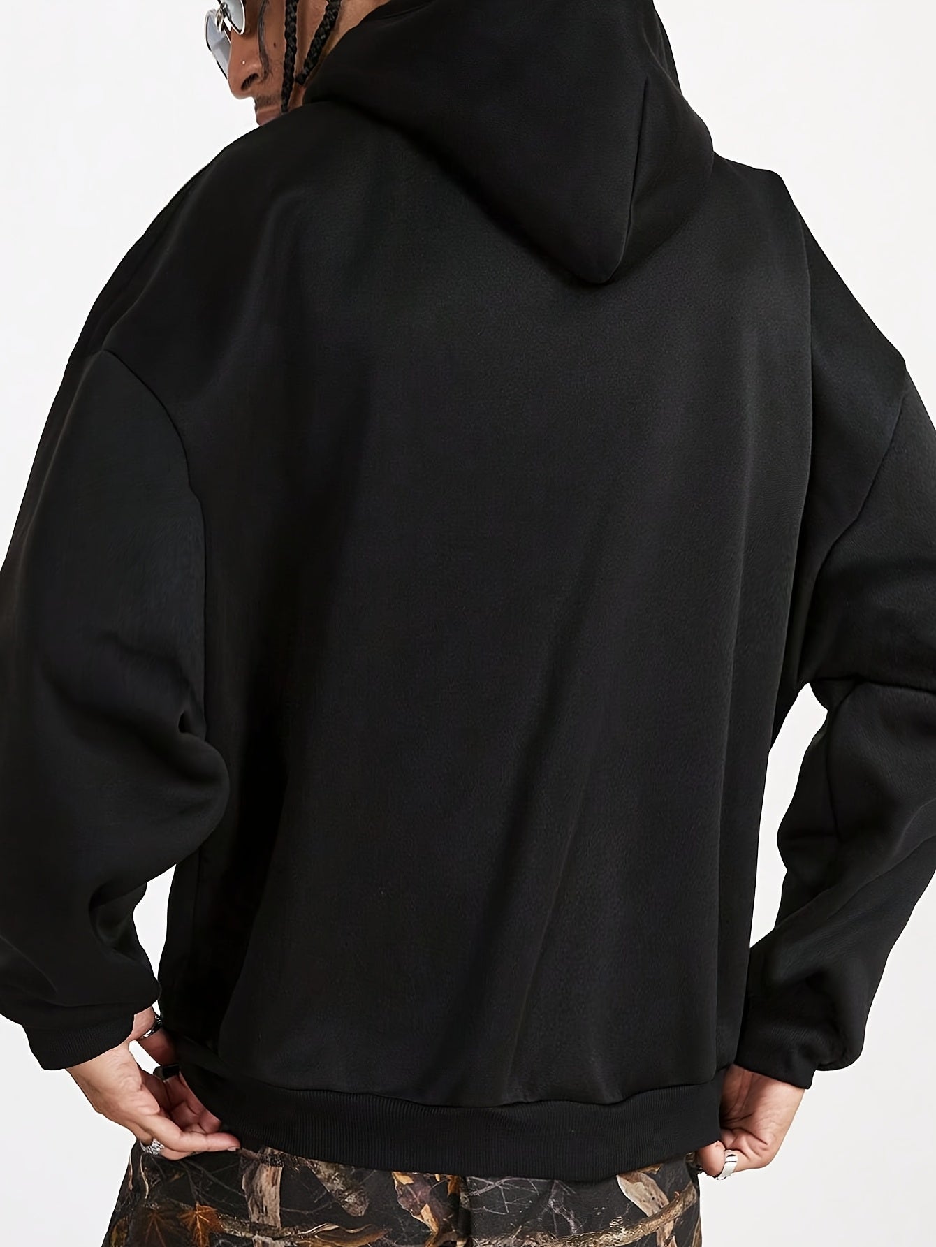 Men's casual black zip-up hoodie made of polyester, ideal for outdoor sports, machine washable, suitable for hip-hop necklace, available in plus size.