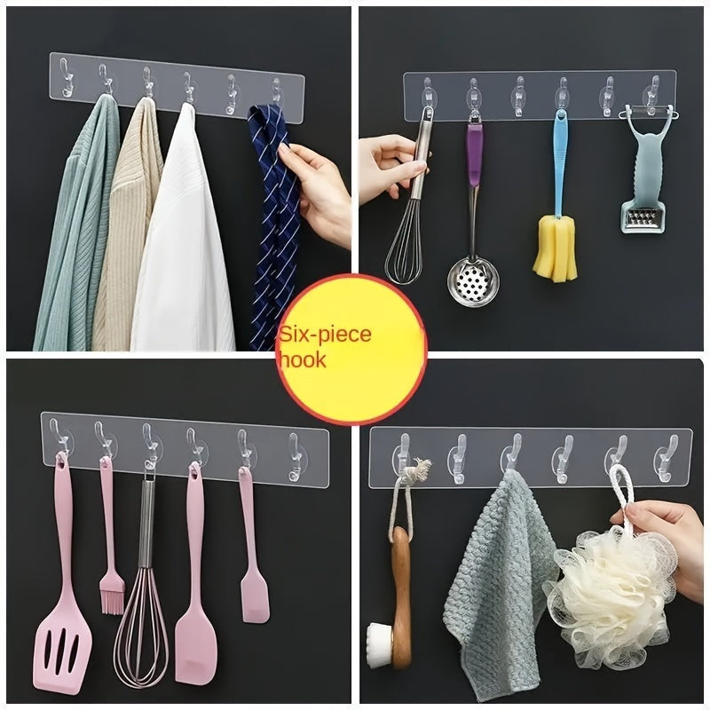 1 piece wall organizer with 6 hooks, no drilling required. Strong adhesive for wall-mounted clothes and hat storage. Great for kitchen, bathroom, and utility use.