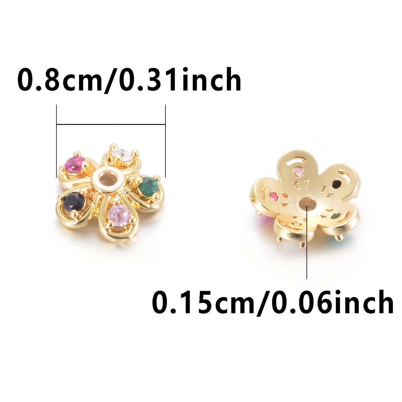 Brass Flower Bead Caps with Synthetic Cubic Zircons - Set of 20 pieces in a bag, including 10mm, 8mm, and 6mm sizes. Perfect for creating stunning jewelry pieces.