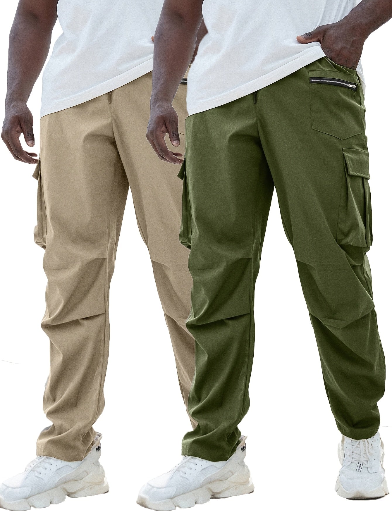 Set of 2 men's plus size cargo pants in solid color polyester with pockets, drawstring, and zipper details. Non-stretch woven for all-season wear.