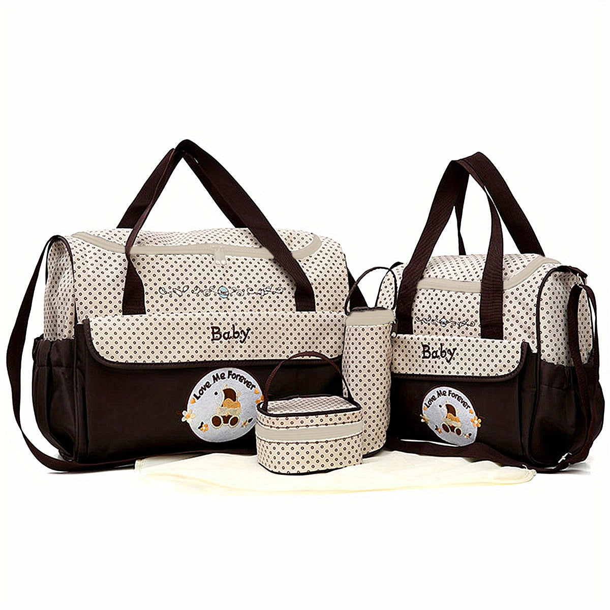 5-piece Mommy Bag Set including a Large Bag, Small Bag, Bottle Cover, Milk Powder Bag, and Diaper Pad. This multi-functional set features a large-capacity shoulder bag with a slant cross design, perfect for moms on-the-go with baby essentials.