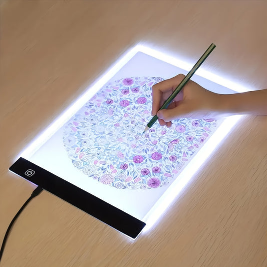 LED tracing light box for A3, A4, and A5 sizes, USB powered with adjustable illumination. Ideal for left and right-handed artists, made of acrylic material. Perfect for sketching