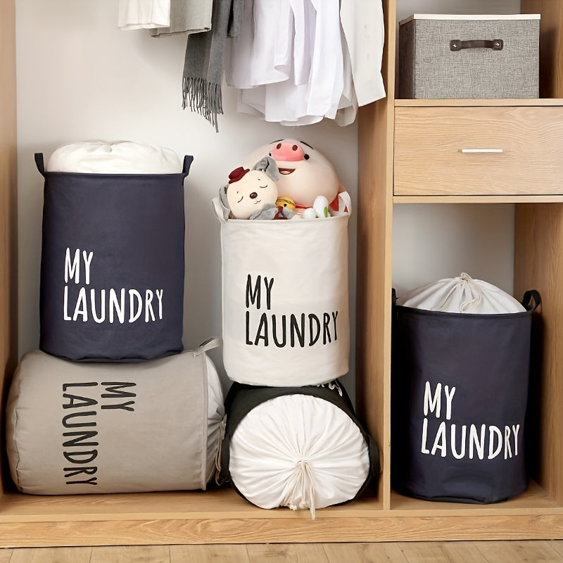 Classic Thick Fabric Laundry Basket with Drawstring Closure - Versatile Cylinder-Shaped, Foldable Dirty Clothes Storage Bin in Navy, White, and Gray featuring "MY LAUNDRY" Print for Stylish Room Decor, Laundry Room Organization, and Storage Solution