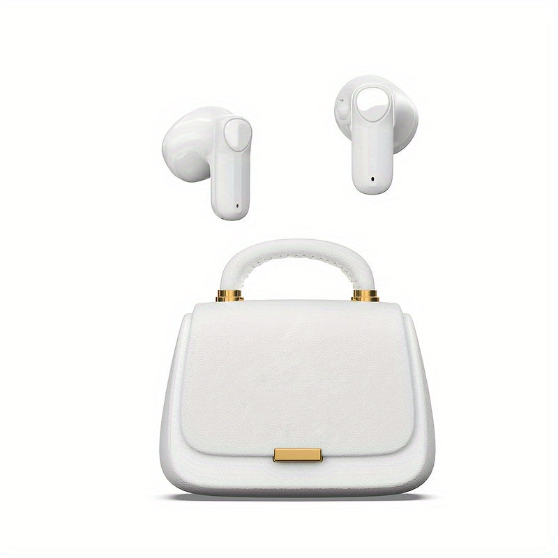 Handbag-shaped wireless headset featuring ENC voice noise cancellation, USB Type-C charging, crystal microphone, and rechargeable lithium polymer battery. Portable and cute design with