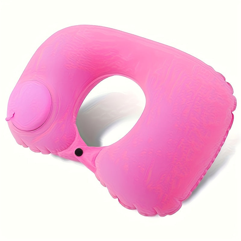 Modern style portable inflatable U-shaped neck pillow that provides automatic cervical support. It is lightweight with a velvet cover and adjustable closure, perfect for use at home, in the office, or in the car. This pillow must be hand washed for