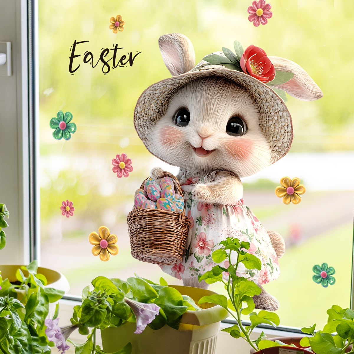 Easter Bunny and Eggs Floral Decorative Window Cling - a 20x30cm Double-Sided PVC Sticker with Contemporary Design, Static Adhesive Glass Decal that is Reusable for Home Decor in Living Room, Bedroom, or Bathroom. Product code: DJ4099-ZC.