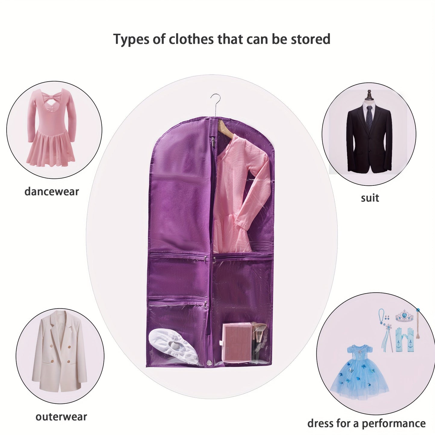 1 piece of Translucent Simple Dustproof Storage Bag, perfect for storing dance skirts or hanging clothes. Great for closet organization and travel. Features a visible translucent window, ideal for competitions, traveling, and storage. Makes a perfect