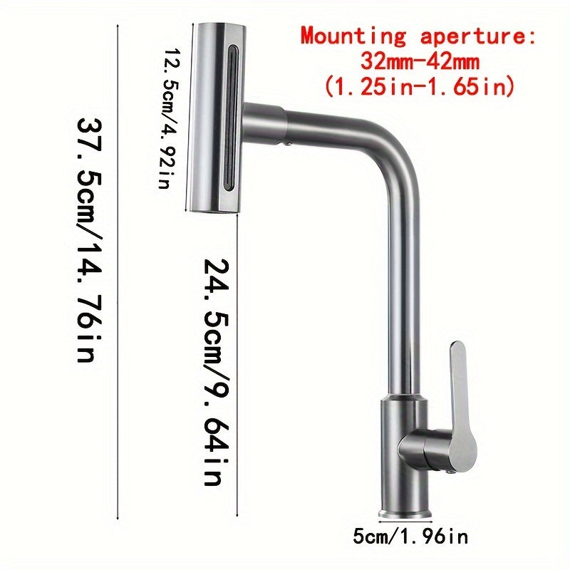 Commercial kitchen faucet with sprayer, rotary spout, and durable single-handle mixer. Space-saving design for various locations including farmhouses, caravans, stores, and modern kitchens.