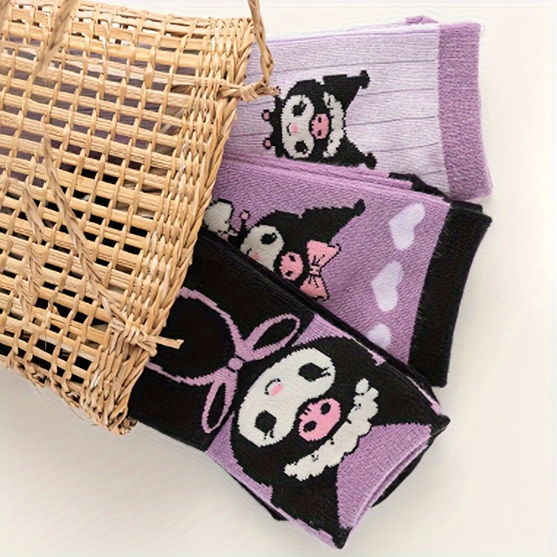 Sanrio Double Kulomi socks in purple with love bow pattern.