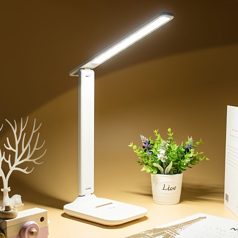 LED desk lamp with touch control, eye-care technology, USB powered, ideal for reading and home office use, single color.